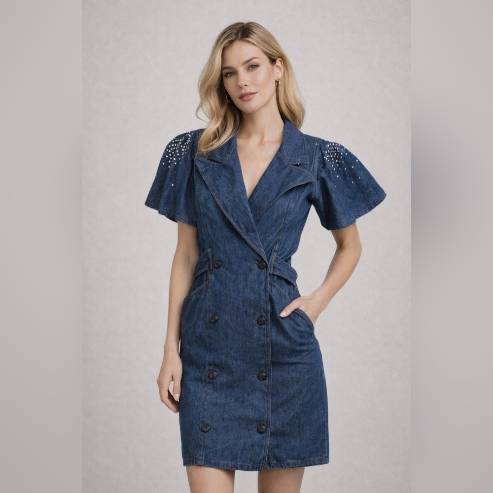 Vintage Rickie Freeman for Teri Jon Blue Denim Double-Breasted Dress